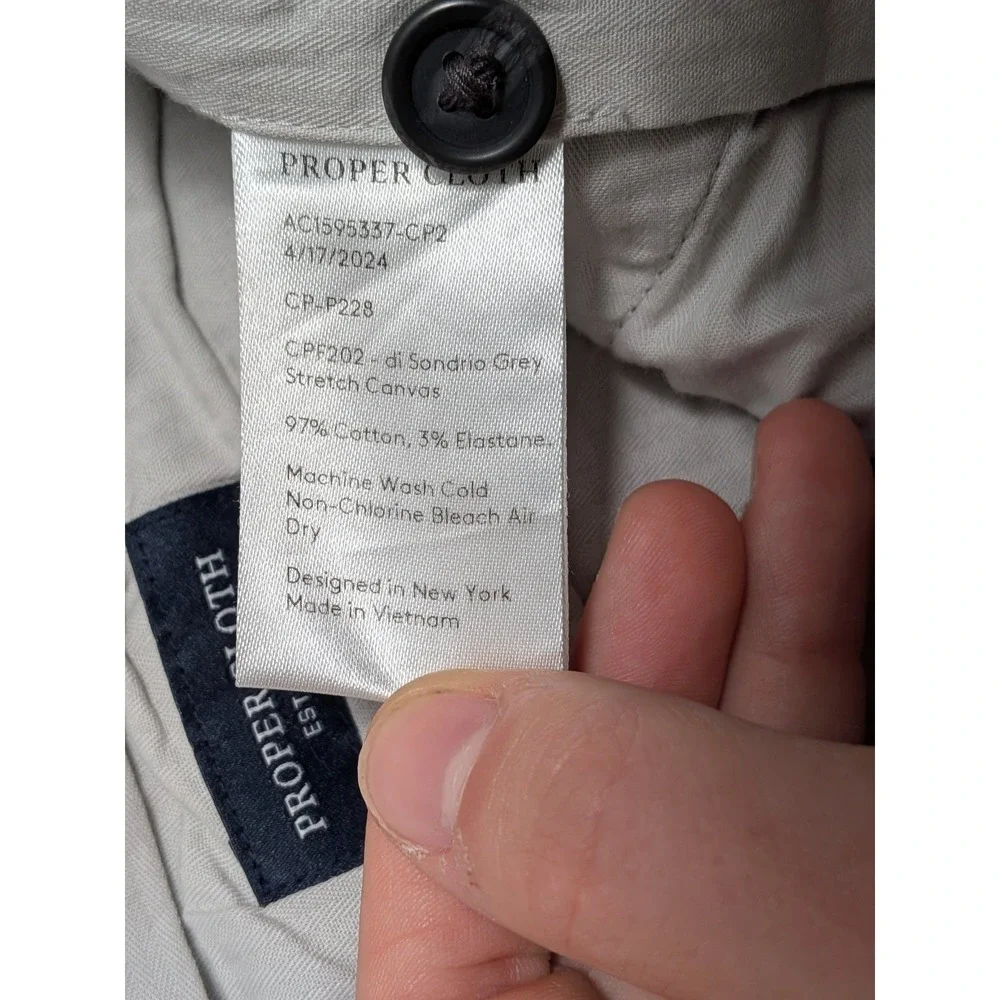 PROPER CLOTH DiSondrio Pants Men's Grey 42x30 Stretch Canvas Chinos Office